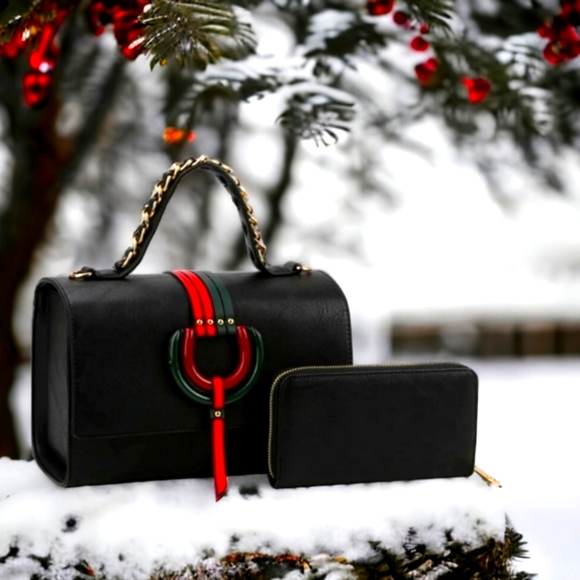 Black Tribal Leather Top Handle Satchel Handbag Set w Wallet - Picture 1 of 9